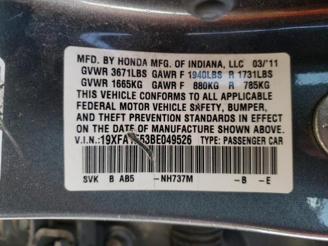 Photo 10 from auction – 2011 HONDA CIVIC LX with VIN 19XFA1F53BE049526