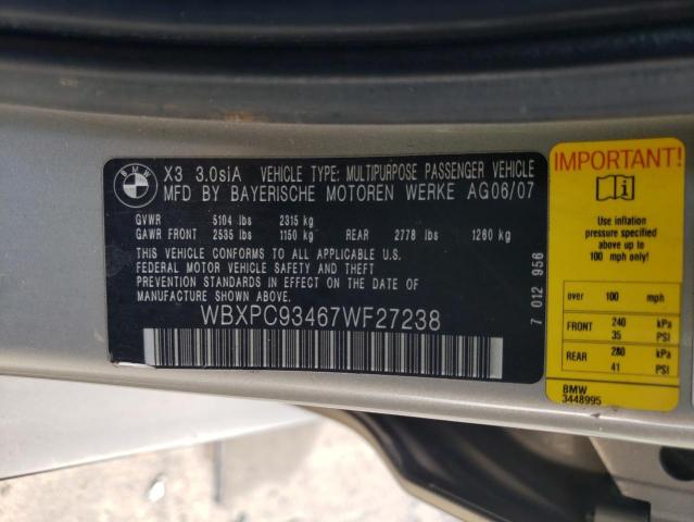 Photo 10 from auction – 2007 BMW X3 3.0SI with VIN WBXPC93467WF27238