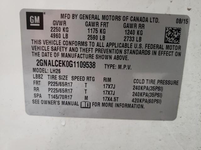 Photo 10 from auction – 2016 CHEVROLET EQUINOX LT with VIN 2GNALCEK0G1109538