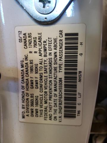 Photo 10 from auction – 2012 HONDA CIVIC HF with VIN 2HGFB2F63CH555084