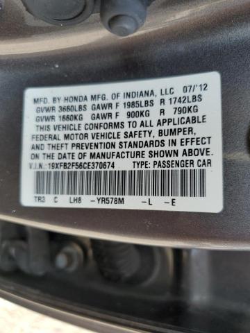 Photo 10 from auction – 2012 HONDA CIVIC LX with VIN 19XFB2F56CE370674