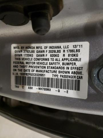 Photo 10 from auction – 2012 HONDA CIVIC EXL with VIN 19XFB2F92CE028951