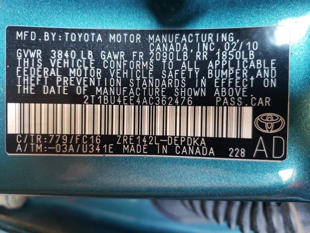 Photo 10 from auction – 2010 TOYOTA COROLLA BA with VIN 2T1BU4EE4AC362476