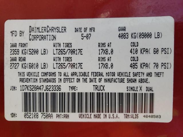 Photo 10 from auction – 2007 DODGE RAM 2500 S with VIN 1D7KS28A47J623336