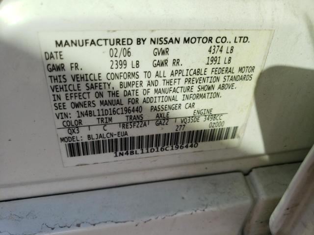 Photo 10 from auction – 2006 NISSAN ALTIMA SE with VIN 1N4BL11D16C196440