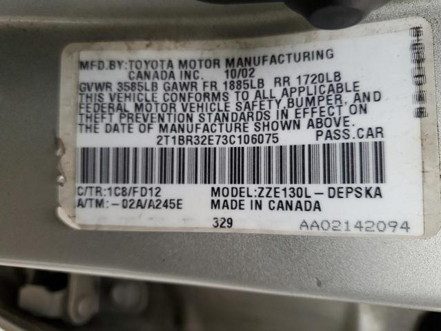 Photo 10 from auction – 2003 TOYOTA COROLLA CE with VIN 2T1BR32E73C106075