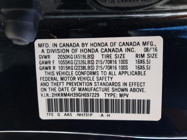Photo 10 from auction – 2016 HONDA CR-V LX with VIN 2HKRM4H39GH697229