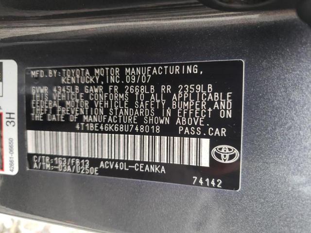 Photo 10 from auction – 2008 TOYOTA CAMRY CE with VIN 4T1BE46K68U748018