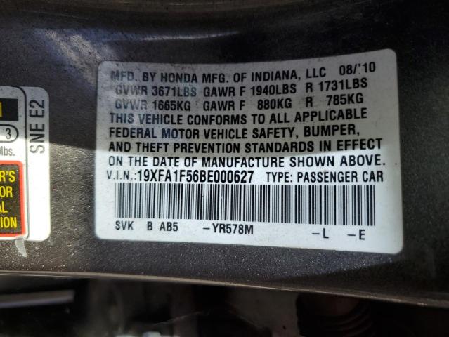 Photo 10 from auction – 2011 HONDA CIVIC LX with VIN 19XFA1F56BE000627