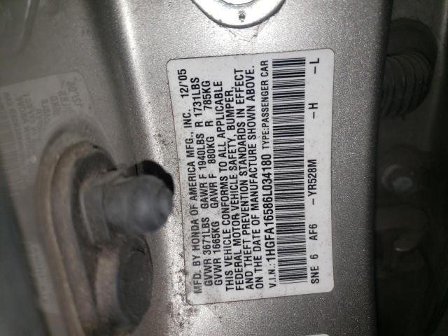 Photo 10 from auction – 2006 HONDA CIVIC LX with VIN 1HGFA16586L034180
