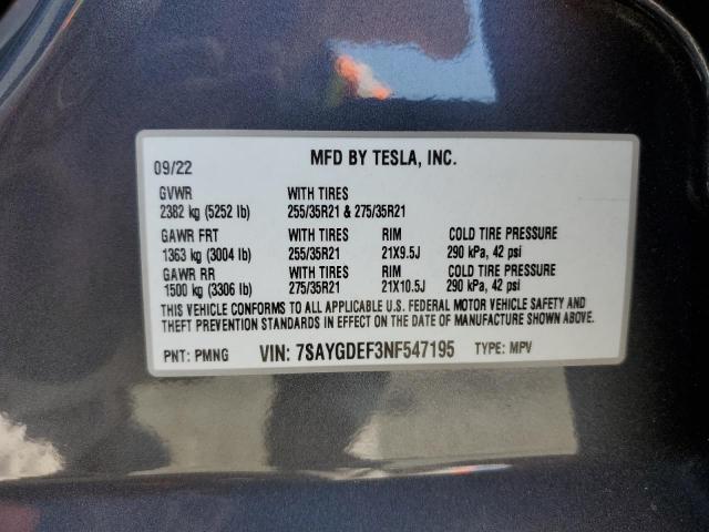 Photo 10 from auction – 2022 TESLA MODEL Y with VIN 7SAYGDEF3NF547195