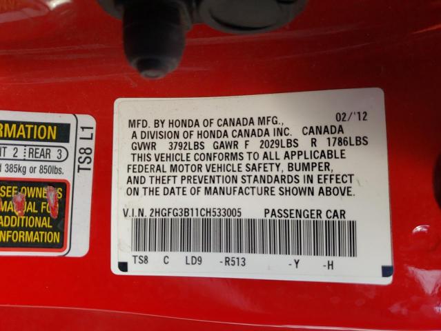 Photo 10 from auction – 2012 HONDA CIVIC EXL with VIN 2HGFG3B11CH533005