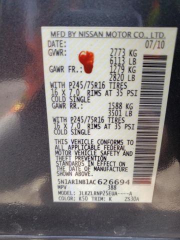 Photo 10 from auction – 2010 NISSAN PATHFINDER with VIN 5N1AR1NB1AC626694