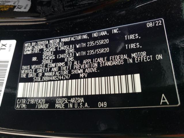 Photo 10 from auction – 2022 TOYOTA HIGHLANDER with VIN 5TDLZRBH4NS244247