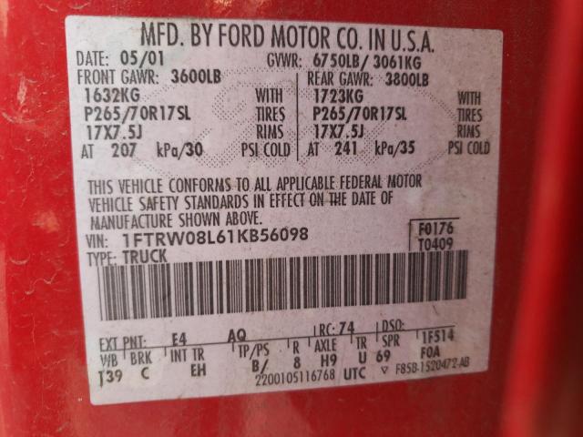 Photo 10 from auction – 2001 FORD F150 SUPER with VIN 1FTRW08L61KB56098