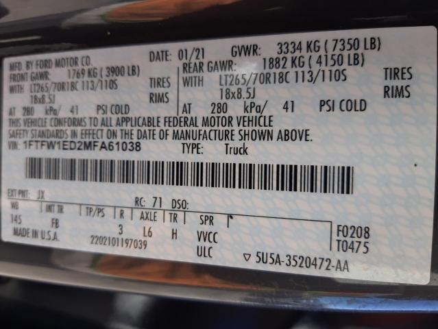 Photo 10 from auction – 2021 FORD F150 SUPER with VIN 1FTFW1ED2MFA61038