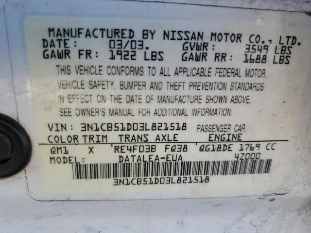 Photo 10 from auction – 2003 NISSAN SENTRA XE with VIN 3N1CB51D03L821518