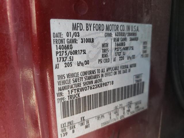 Photo 10 from auction – 2003 FORD F150 SUPER with VIN 1FTRW07623KB98718