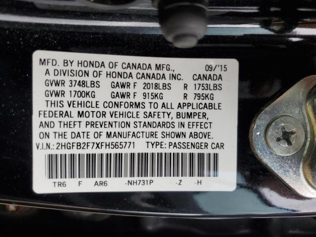 Photo 10 from auction – 2015 HONDA CIVIC SE with VIN 2HGFB2F7XFH565771