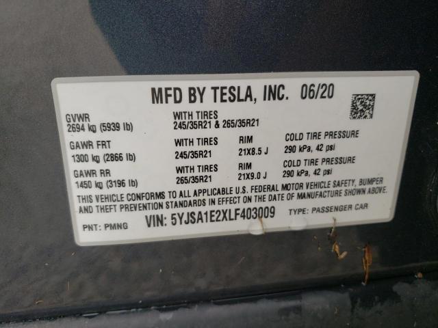 Photo 10 from auction – 2020 TESLA MODEL S with VIN 5YJSA1E2XLF403009