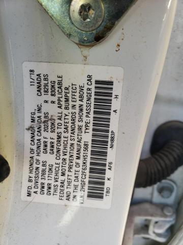 Photo 10 from auction – 2019 HONDA CIVIC LX with VIN 2HGFC2F63KH515681