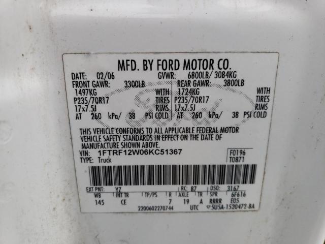 Photo 10 from auction – 2006 FORD F150 with VIN 1FTRF12W06KC51367