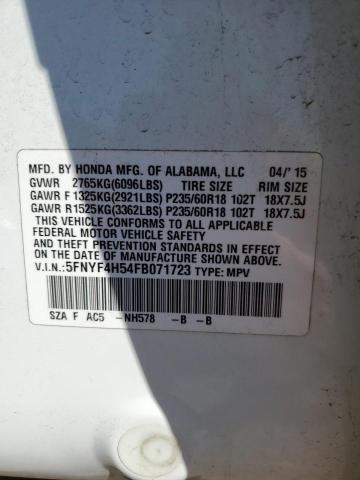 Photo 10 from auction – 2015 HONDA PILOT EXL with VIN 5FNYF4H54FB071723