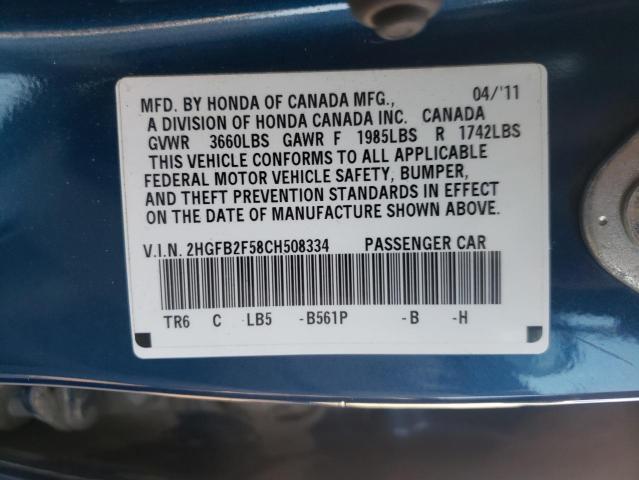 Photo 10 from auction – 2012 HONDA CIVIC LX with VIN 2HGFB2F58CH508334
