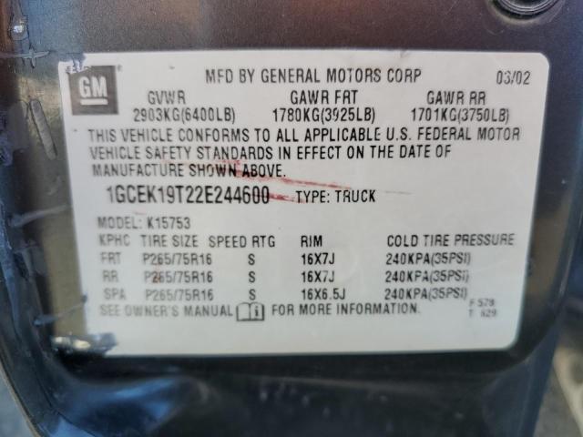 Photo 10 from auction – 2002 CHEVROLET SILVERADO with VIN 1GCEK19T22E244600