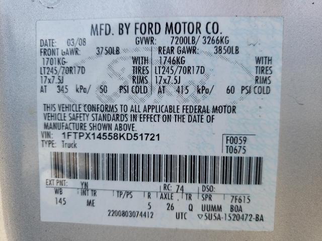 Photo 10 from auction – 2008 FORD F150 with VIN 1FTPX14558KD51721