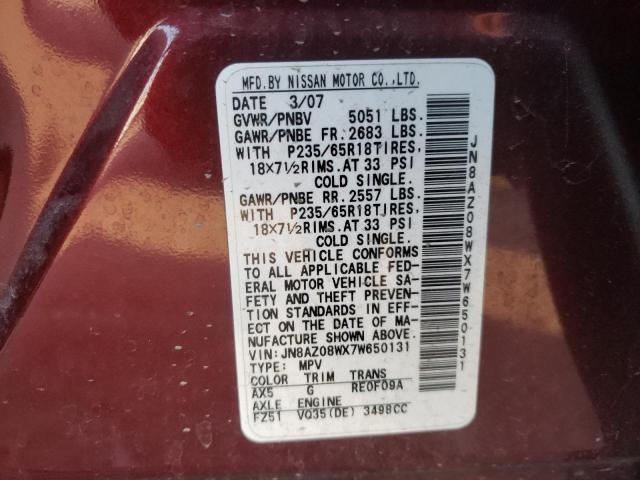 Photo 10 from auction – 2007 NISSAN MURANO SL with VIN JN8AZ08WX7W650131