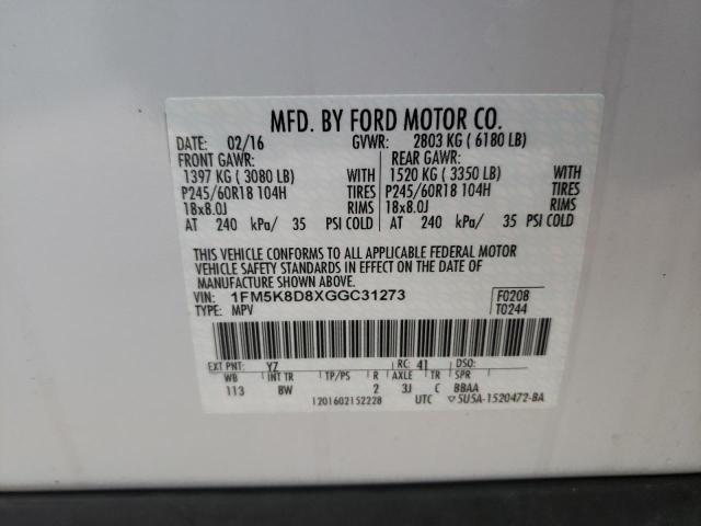Photo 10 from auction – 2016 FORD EXPLORER X with VIN 1FM5K8D8XGGC31273