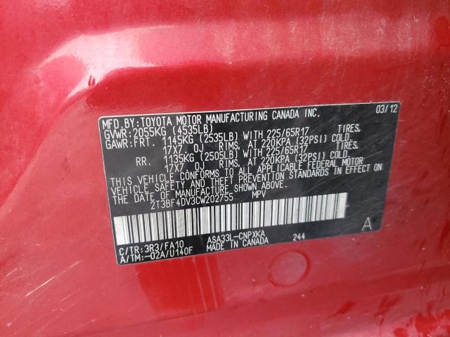 Photo 10 from auction – 2012 TOYOTA RAV4 with VIN 2T3BF4DV3CW202755