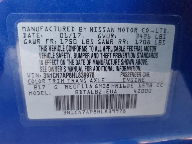Photo 10 from auction – 2017 NISSAN VERSA S with VIN 3N1CN7AP8HL839978