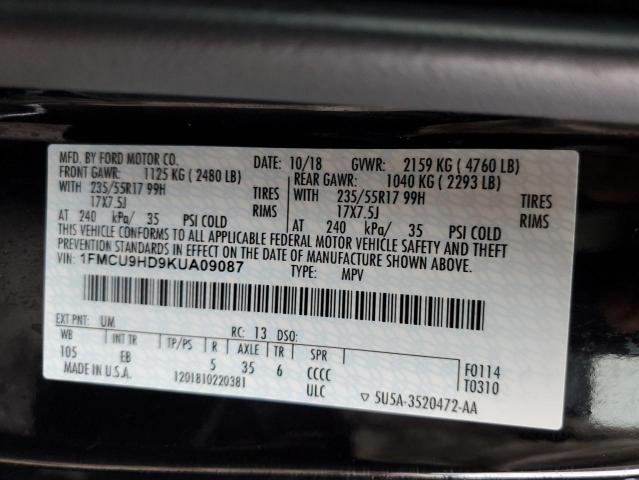 Photo 10 from auction – 2019 FORD ESCAPE SEL with VIN 1FMCU9HD9KUA09087