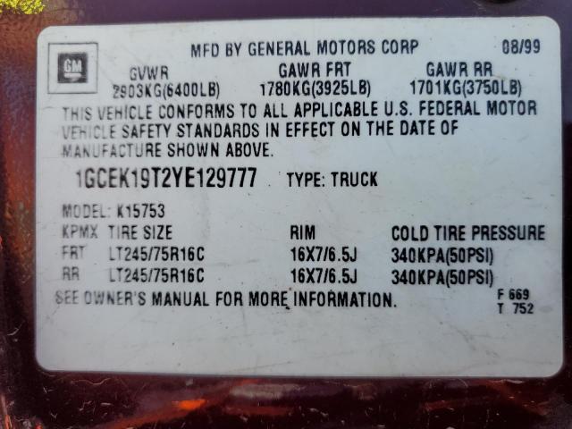 Photo 10 from auction – 2000 CHEVROLET SILVERADO with VIN 1GCEK19T2YE129777