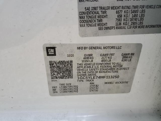 Zdjęcie 10 z aukcji – 2021 CHEVROLET SILVERADO z VIN 1GC5YLE74MF113250