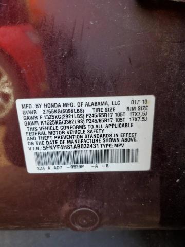 Photo 10 from auction – 2010 HONDA PILOT TOUR with VIN 5FNYF4H81AB032431