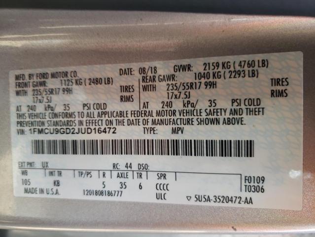 Photo 10 from auction – 2018 FORD ESCAPE SE with VIN 1FMCU9GD2JUD16472