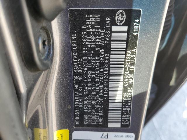 Photo 10 from auction – 2012 TOYOTA CAMRY BASE with VIN 4T1BF1FK2CU080643