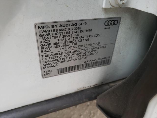 Photo 10 from auction – 2019 AUDI Q7 PREMIUM with VIN WA1AAAF72KD041778
