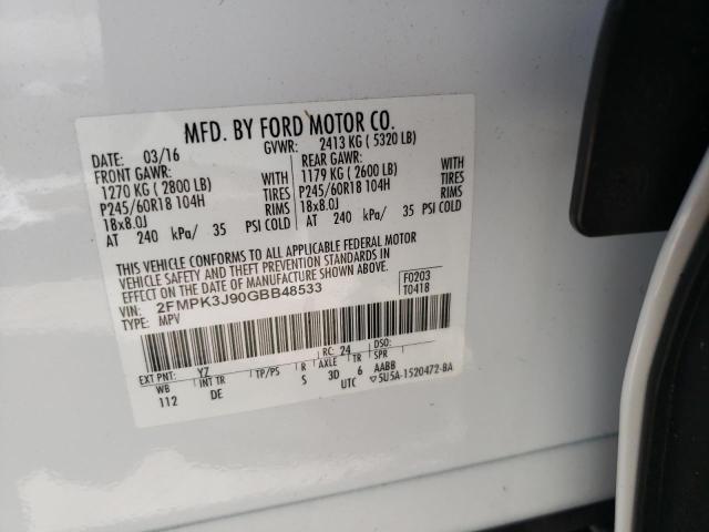 Photo 10 from auction – 2016 FORD EDGE SEL with VIN 2FMPK3J90GBB48533