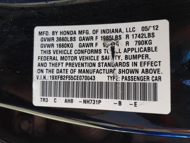 Photo 10 from auction – 2012 HONDA CIVIC LX with VIN 19XFB2F55CE070043