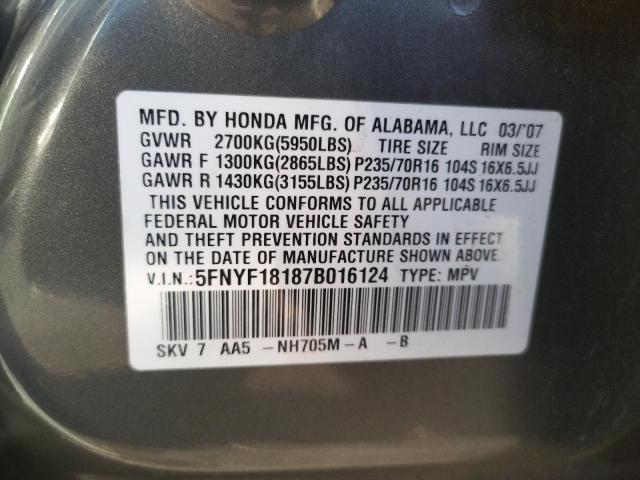 Photo 10 from auction – 2007 HONDA PILOT LX with VIN 5FNYF18187B016124