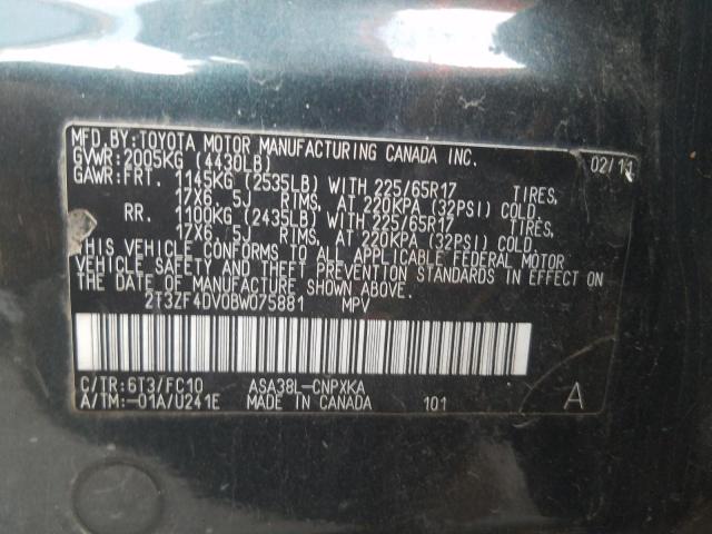 Photo 10 from auction – 2011 TOYOTA RAV4 with VIN 2T3ZF4DV0BW075881