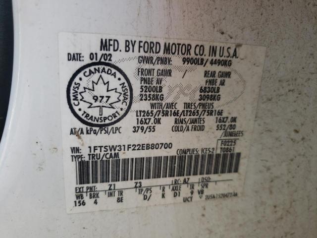 Photo 10 from auction – 2002 FORD F350 SRW S with VIN 1FTSW31F22EB80700