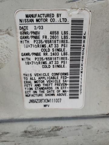 Photo 10 from auction – 2003 NISSAN MURANO SL with VIN JN8AZ08TX3W111007