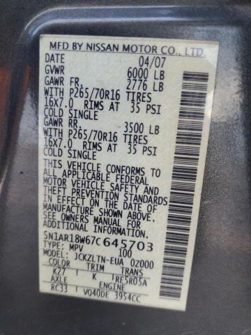 Photo 10 from auction – 2007 NISSAN PATHFINDER with VIN 5N1AR18W67C645703