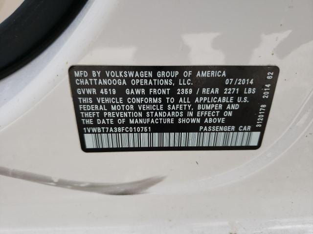 Photo 10 from auction – 2015 VOLKSWAGEN PASSAT SE with VIN 1VWBT7A38FC010751