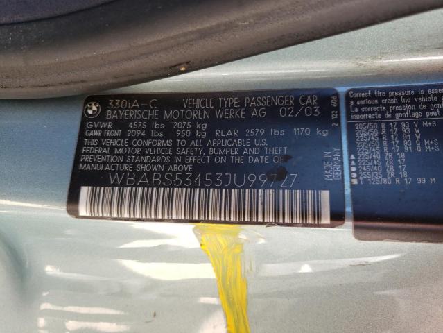 Photo 10 from auction – 2003 BMW 330 CI with VIN WBABS53453JU99727